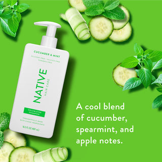 Native Cucumber & Mint Volumizing Shampoo with text reading “A cool blend of cucumber, spearmint, and apple notes”