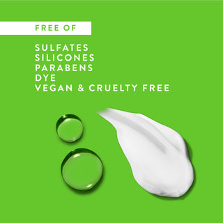 Drops of water and shampoo with text reading “Free of sulfates, silicones, parabens, dye, vegan & cruelty free”