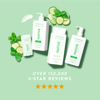 Native Cucumber & Mint product collection with text reading “Over 150,000, 5-star reviews” and five yellow stars