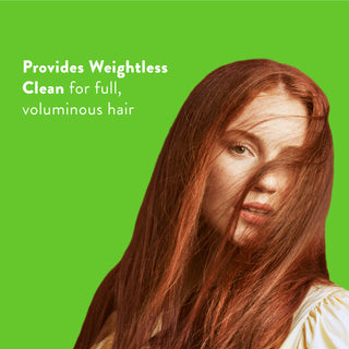 Woman with long red hair with text reading “Locks in moisture and helps strengthen against breakage”