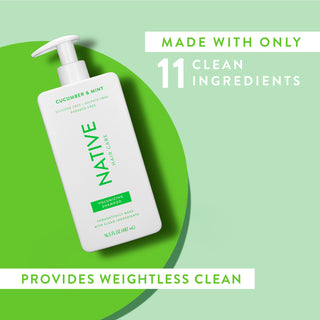 Native Cucumber & Mint Volumizing Shampoo with text reading “Made with only 11 clean ingredients” and “Locks in moisture”