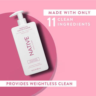 Native Vanilla & Cactus Flower Volumizing Shampoo with text reading “Made with only 11 clean ingredients” and “Locks in moisture”