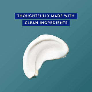 Conditioner smear with text reading “Thoughtfully made with clean ingredients” on blue background