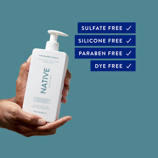 Hands holding Native Strengthening Conditioner with text “Sulfate free, silicone free, paraben free, dye free”