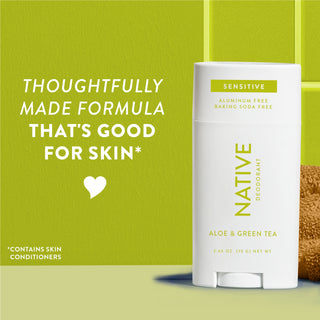 Upright Native sensitive deodorant with Aloe & Green Tea label and overlay promoting skin-friendly formula