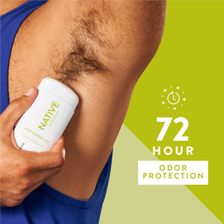 Person applying Native sensitive deodorant under arm with text reading 72-hour odor protection