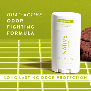 Native Aloe & Green Tea sensitive Deodorant sitting on counter with text promoting "Dual-active, odor fighting formula"