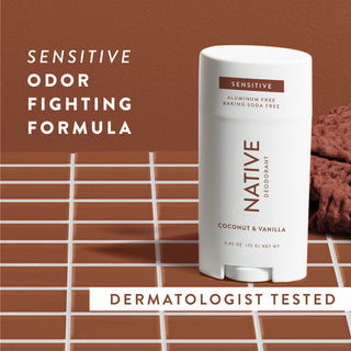Native Coconut & Vanilla sensitive Deodorant sitting on counter with text promoting "Sensitive odor fighting formula"