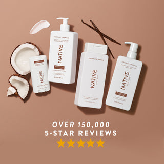 Native sensitive deodorant, lotion, body wash, and shampoo in Coconut & Vanilla scent shown with five-star rating