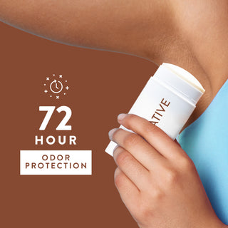 Person applying Native sensitive deodorant under arm with text reading 72-hour odor protection