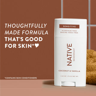 Upright Native sensitive deodorant with Coconut & Vanilla label and overlay promoting skin-friendly formula
