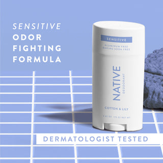 Native Cotton & Lily sensitive Deodorant sitting on counter with text promoting "Sensitive odor fighting formula"