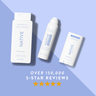 Native body wash, spray deodorant, and sensitive deodorant in Cotton & Lily scent shown with five-star rating