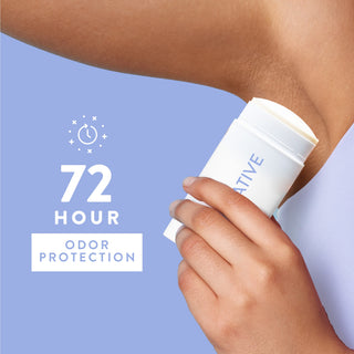 Person applying Native sensitive deodorant under arm with text reading 72-hour odor protection
