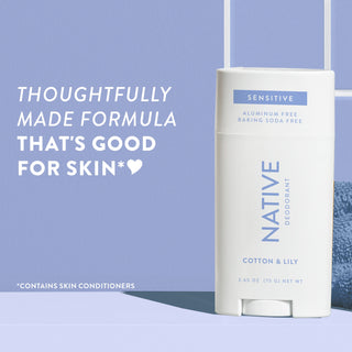 Upright Native sensitive deodorant with Cotton & Lily label and overlay promoting skin-friendly formula