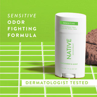Native Cucumber & Mint sensitive Deodorant sitting on counter with text promoting "Sensitive odor fighting formula"