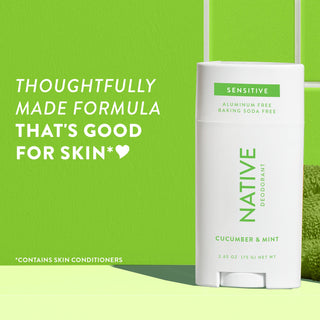 Upright Native sensitive deodorant with Cucumber & Mint label and overlay promoting skin-friendly formula