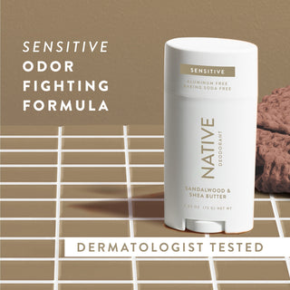 Native Sandalwood & Shea Butter sensitive Deodorant sitting on counter with text promoting "Sensitive odor fighting formula"