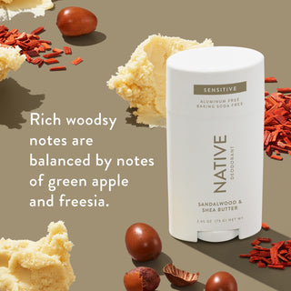 Native sensitive deodorant with text saying "Rich woodsy notes are balanced by notes of green apple and freesia", styled with shea butter and sandalwood sticks