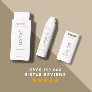 Native body wash, deodorant & body spray, and sensitive deodorant in Sandalwood & Shea Butter scent shown with five-star rating
