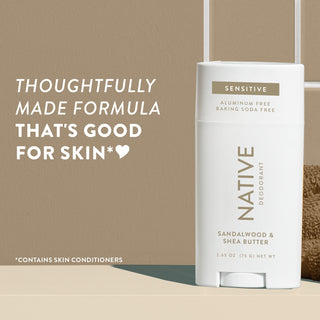 Upright Native sensitive deodorant with Sandalwood & Shea Butter label and overlay promoting skin-friendly formula