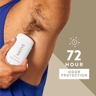 Person applying Native sensitive deodorant under arm with text reading 72-hour odor protection