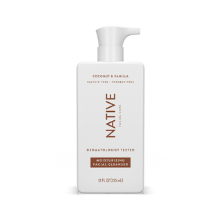Native Coconut & Vanilla Moisturizing Facial Cleanser bottle with sulfate-free, paraben-free, fragrance-free claims
