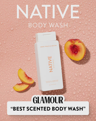 Showing a variety of scents for body wash with text reading "Glamour, Best scented body wash"