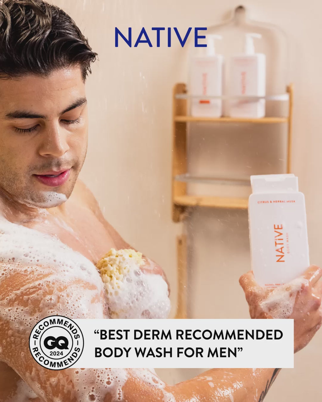 Man lathering in shower with text reading "Best derm recommended body wash for men"