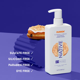 Native Full & Thick 2-in-1 Shampoo and Conditioner with text “Sulfate free, silicone free, paraben free, dye free”
