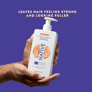 Hands holding Native Full & Thick 2-in-1 Shampoo and Conditioner with text “Leaves hair feeling strong and looking fuller”