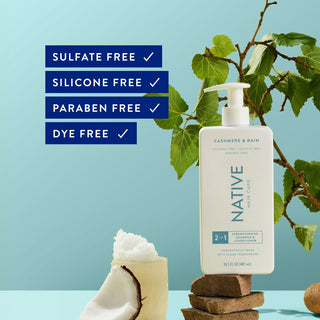 Cashmere & Rain Strengthening 2-in-1 Shampoo and Conditioner with text reading "Sulfate free, silicone free, paraben free, dye free"