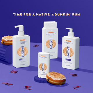 Native shampoo & conditioner, deodorant, body wash, lotion in Dunkin - Blueberry Cobbler scent