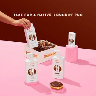 Native body wash, conditioner, shampoo, and deodorant in Dunkin - Boston Kreme scent shown with five-star rating