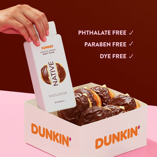Native Dunkin - Boston Kreme Body Wash with text reading "Phthalate free, paraben free, dye free"