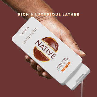 Hand pouring Native Dunkin - Boston Kreme Body Wash with Rich & Luxurious lather text