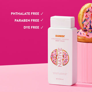 Native Dunkin - Strawberry Frosted Body Wash with text reading "Phthalate free, paraben free, dye free"