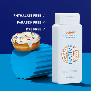 Native Dunkin - Vanilla Sprinkle Body Wash with text reading "Phthalate free, paraben free, dye free"