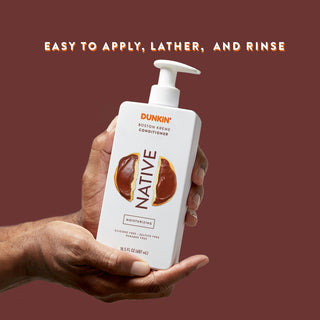 Hands holding Native Moisturizing Conditioner with text "Easy to apply, lather, and rinse”