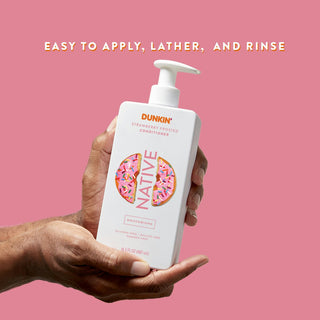 Hands holding Native Moisturizing Conditioner with text “Easy to apply, lather, and rinse”