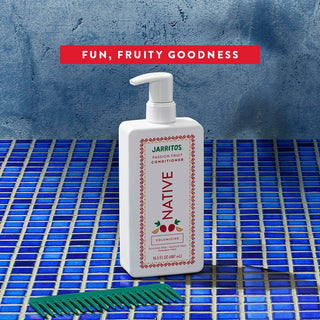 Native Volumizing Conditioner with text “Fun, Fruity Goodness”