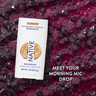 Native Dunkin - Blueberry Cobbler Deodorant with text reading "Meet your morning mic drop"