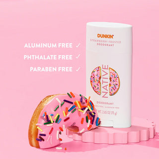 Native Dunkin - Strawberry Frosted Deodorant with text reading "Aluminum free, phthalate free, paraben free"
