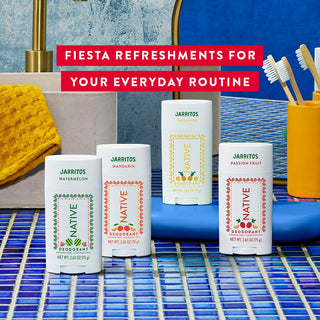 Native Jarritos deodorant limited edition in watermelon, mandarin, pineapple, and passion fruit scents with text reading fiesta refreshments for your everyday routine