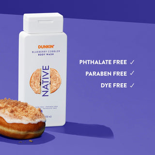 Native Dunkin - Blueberry Cobbler Body Wash with text reading "Phthalate free, paraben free, dye free"