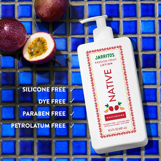 Native Jarritos - Passion Fruit Moisturizing Lotion next to text "Silicone free, dye free, paraben free, petrolatum free"