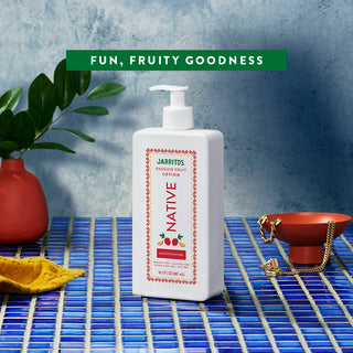 Native Jarritos - Passion Fruit Moisturizing Lotion with text "Fun, Fruity Goodness"