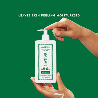 Hand Pumping Native Jarritos - Watermelon Moisturizing Lotion bottle with text Leaves skin feeling moisturized