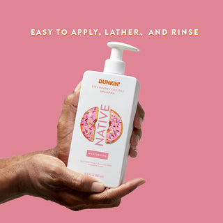 Hand holding Native Dunkin - Strawberry Frosted Moisturizing Shampoo with text reading "Easy to apply, lather, and rinse"