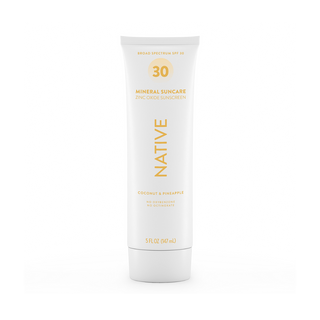 Front of Native Mineral Suncare Daily Body Sunscreen SPF 30, labeled as zinc oxide sunscreen, Coconut & Pineapple, 5 fl
